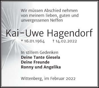 Traueranzeige von Kai-Uwe Hagendorf von Trauerkombi Wittenberg