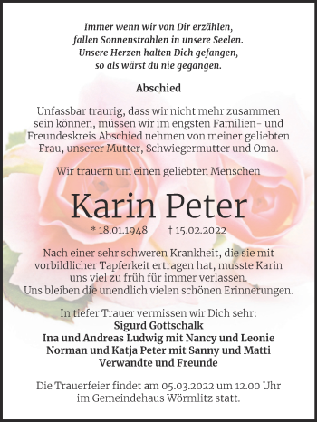 Traueranzeige von Karin Peter von Mitteldeutsche Zeitung Halle/Saalkreis