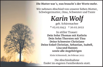 Traueranzeige von Karin Wolf von Trauerkombi Aschersleben