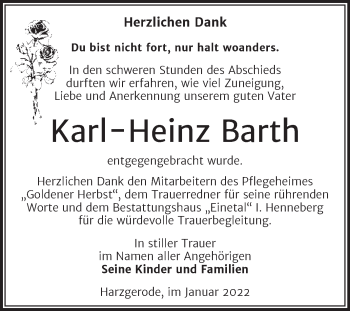 Traueranzeige von Karl-Heinz Barth von Super Sonntag Quedlingburg