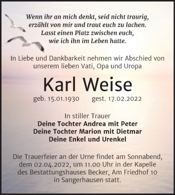 Traueranzeige von Karl Weise von Trauerkombi Sangerhausen