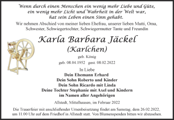 Traueranzeige von Karla Barbara Jäckel von Trauerkombi Sangerhausen