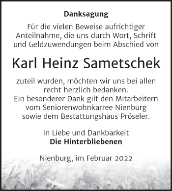 Traueranzeige von Karl Heinz Sametschek von Trauerkombi Bernburg