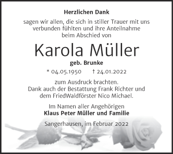 Traueranzeige von Karola Müller von Trauerkombi Sangerhausen