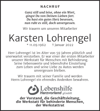 Traueranzeige von Karsten Lohrengel von Wochenspiegel Aschersleben