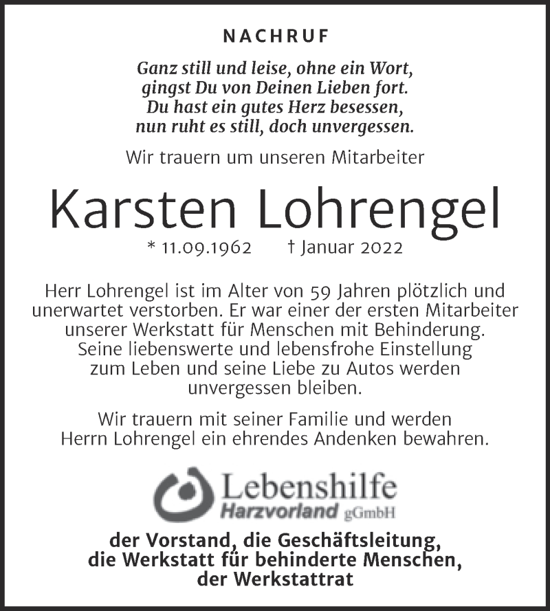  Traueranzeige für Karsten Lohrengel vom 16.02.2022 aus Wochenspiegel Aschersleben