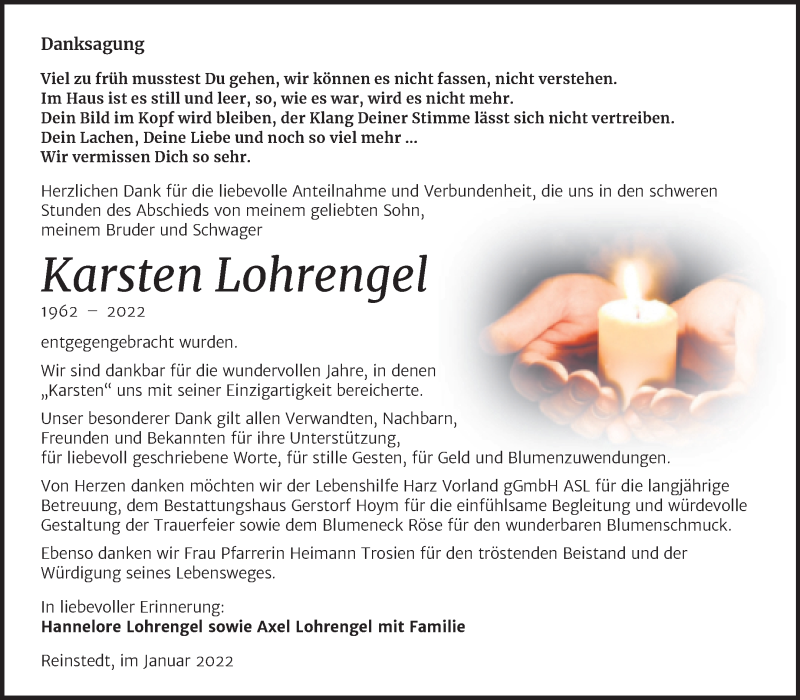  Traueranzeige für Karsten Lohrengel vom 05.02.2022 aus Trauerkombi Aschersleben