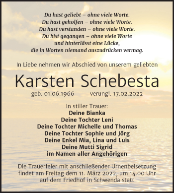 Traueranzeige von Karsten Schebesta von Trauerkombi Sangerhausen