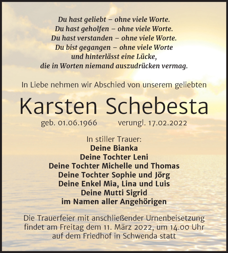  Traueranzeige für Karsten Schebesta vom 26.02.2022 aus Trauerkombi Sangerhausen