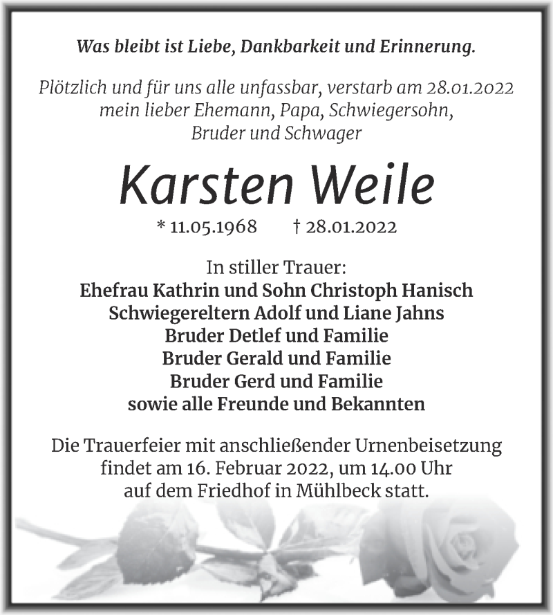  Traueranzeige für Karsten Weile vom 05.02.2022 aus Trauerkombi Bitterfeld