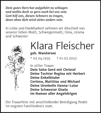 Traueranzeige von Klara Fleischer von Trauerkombi Wittenberg