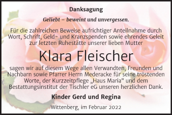 Traueranzeige von Klara Fleischer von Trauerkombi Wittenberg