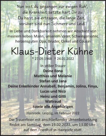 Traueranzeige von Klaus-Dieter Kühne von Trauerkombi Sangerhausen