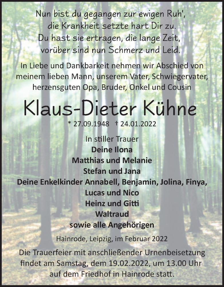  Traueranzeige für Klaus-Dieter Kühne vom 12.02.2022 aus Trauerkombi Sangerhausen