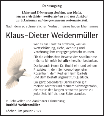 Traueranzeige von Klaus-Dieter Weidenmüller von Trauerkombi Köthen