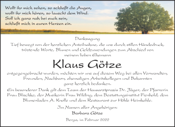 Traueranzeige von Klaus Götze von Trauerkombi Sangerhausen