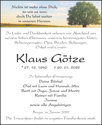 Traueranzeige von Klaus Götze von Trauerkombi Sangerhausen