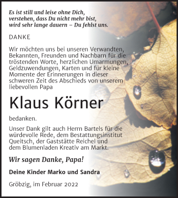 Traueranzeige von Klaus Körner von Trauerkombi Köthen