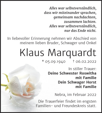 Traueranzeige von Klaus Marquardt von Wochenspiegel Naumburg/Nebra