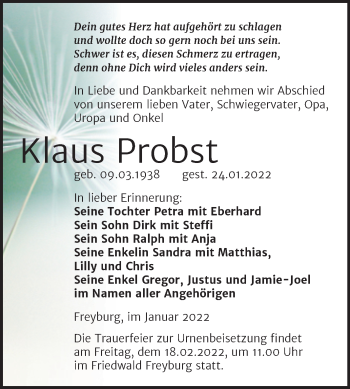 Traueranzeige von Klaus Probst von Wochenspiegel Naumburg/Nebra