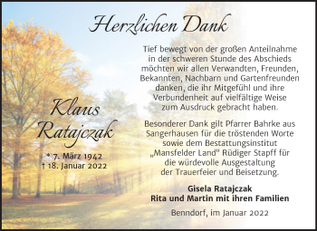 Traueranzeige von Klaus Ratajczak von Trauerkombi Mansfelder Land
