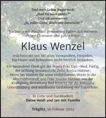 Traueranzeige von Klaus Wenzel von Trauerkombi Zeitz