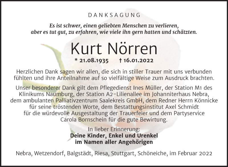  Traueranzeige für Kurt Nörren vom 16.02.2022 aus Wochenspiegel Naumburg/Nebra