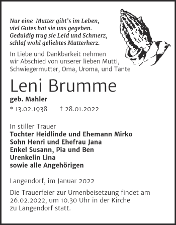 Traueranzeige von Leni Brumme von Trauerkombi Zeitz