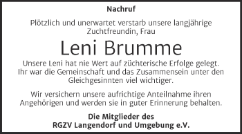 Traueranzeige von Leni Brumme von Trauerkombi Zeitz