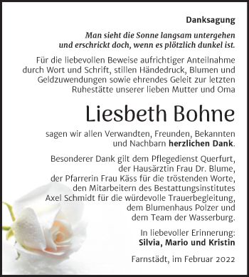 Traueranzeige von Liesbeth Bohne von Trauerkombi Merseburg