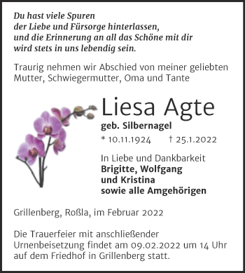 Traueranzeige von Liess Agte von Trauerkombi Sangerhausen