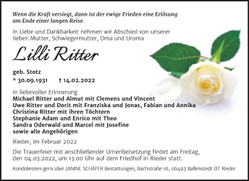 Traueranzeige von Lilli Ritter von Trauerkombi Quedlinburg