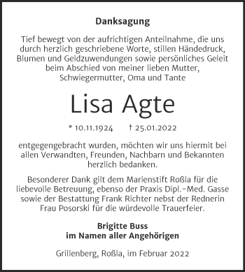 Traueranzeige von Lisa Agte von Trauerkombi Sangerhausen