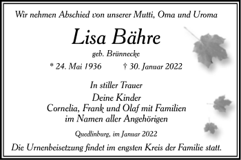 Traueranzeige von Lisa Bähre von Trauerkombi Quedlinburg