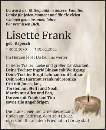 Traueranzeige von Lisette Frank von Trauerkombi Köthen