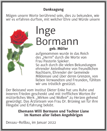 Traueranzeige von lnge Bormann von Trauerkombi Dessau