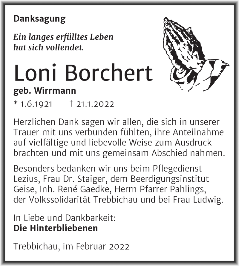  Traueranzeige für Loni Borchert vom 23.02.2022 aus Trauerkombi Köthen