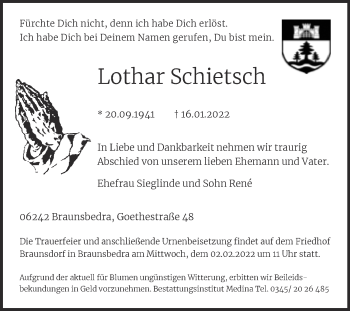 Traueranzeige von Lothar Schietsch von Trauerkombi Merseburg
