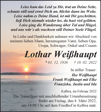 Traueranzeige von Lothar Weißhaupt von Trauerkombi Sangerhausen