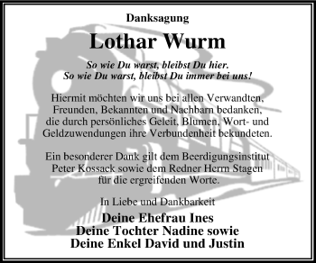 Traueranzeige von Lothar Wurm von Trauerkombi Wittenberg