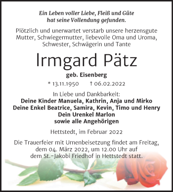Traueranzeige von lrmgard Pätz von Trauerkombi Mansfelder Land