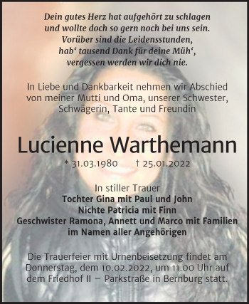 Traueranzeige von Lucienne Warthemann von Trauerkombi Bernburg