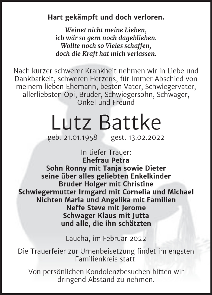  Traueranzeige für Lutz Battke vom 19.02.2022 aus Naumburger Tageblatt