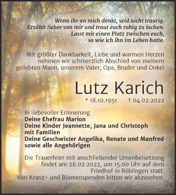 Traueranzeige von Lutz Karich von Trauerkombi Sangerhausen