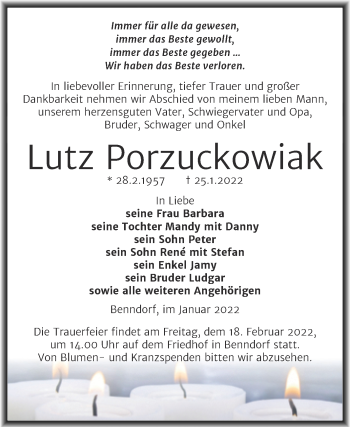 Traueranzeige von Lutz Porzuckowiak von Trauerkombi Mansfelder Land