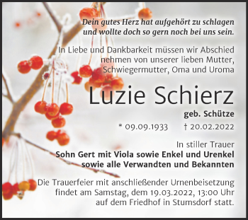 Traueranzeige von Luzie Schierz von Trauerkombi Bitterfeld