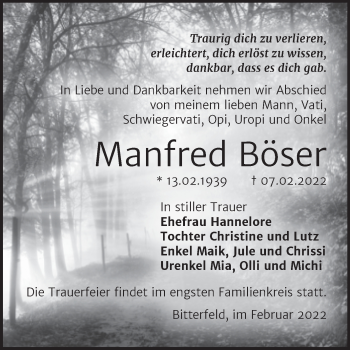 Traueranzeige von Manfred Böser von Trauerkombi Bitterfeld