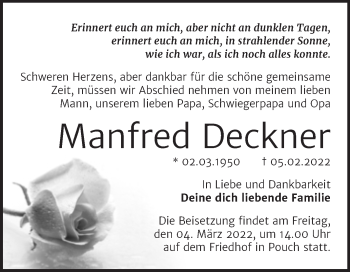Traueranzeige von Manfred Deckner von Trauerkombi Bitterfeld