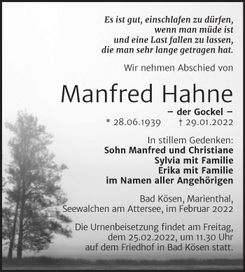 Traueranzeige von Manfred Hahne von Wochenspiegel Naumburg/Nebra