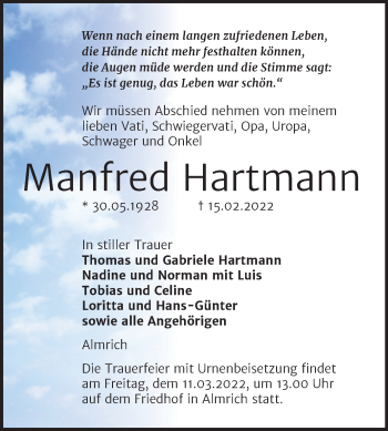 Traueranzeige von Manfred Hartmann von Naumburger Tageblatt